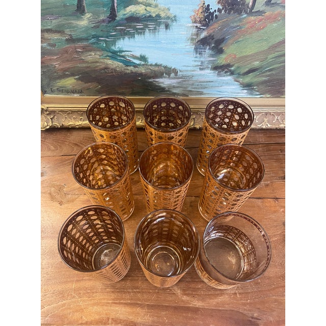 Mid-Century Modern 1960s Gold-Toned Filigree Highball & Lowball Glassware Set - Set of 9 For Sale In Seattle - Image 6 of 10