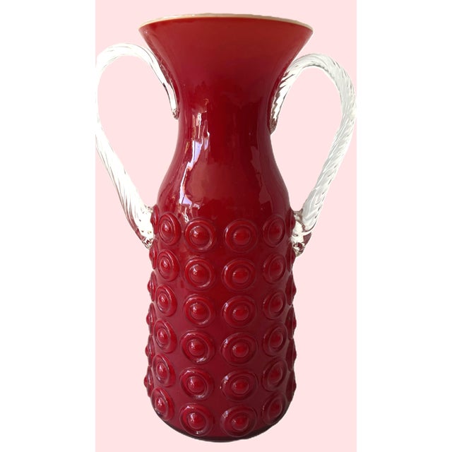 Mid-Century Italian Red Glass Vase with Sculptural Clear Handles, 1970s For Sale - Image 10 of 10