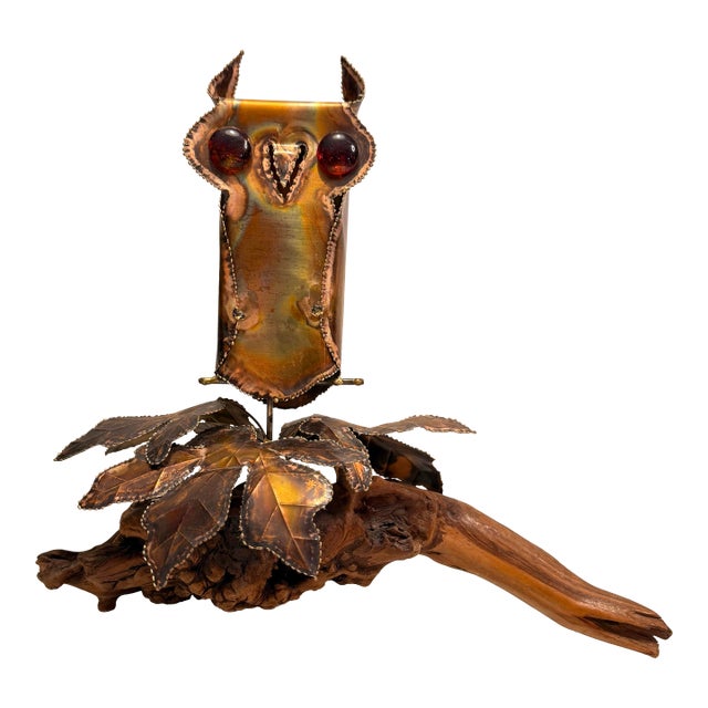 1970s Brutalist Copper Metal Owl Sculpture Perched on Driftwood With Leaves For Sale