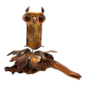 1970s Brutalist Copper Metal Owl Sculpture Perched on Driftwood With Leaves