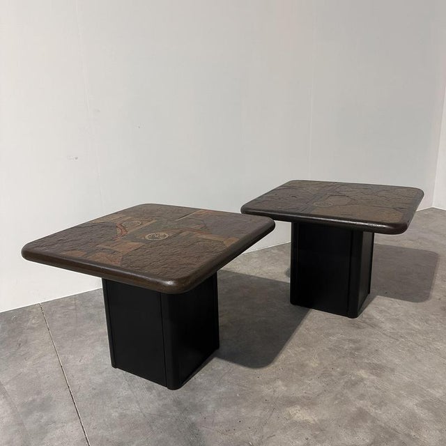 Vintage Side Tables with Sculptural Mosaic Slate Tops by E. Kneip, Set of 2 For Sale - Image 11 of 15