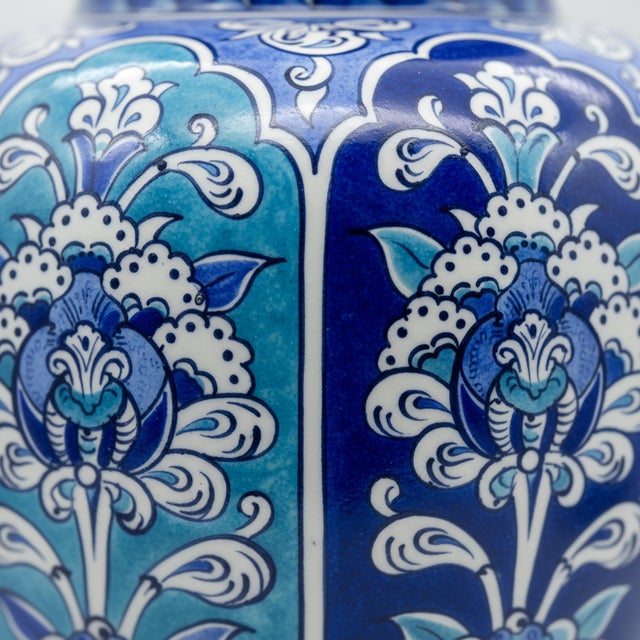 2020s Handmade Ceramic Shah Vase (30cm) Turquoise and Dark Blue Vertical Panels Temple Jar For Sale - Image 5 of 8