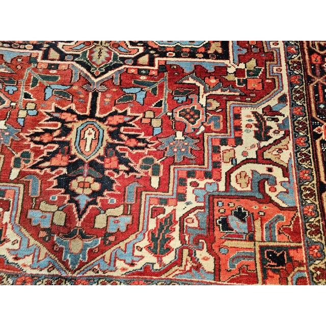Vintage Heriz Serapi Rug, Hand-Knotted Wool, Geometric Medallion Pattern, Brick-Red & Blue, 9x12 For Sale - Image 12 of 15