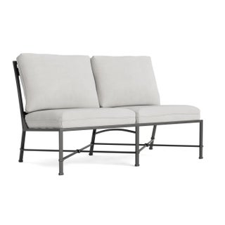 Brown Jordan Venetian Armless Loveseat, Textured Pewter frame with Fusion Dove fabric For Sale