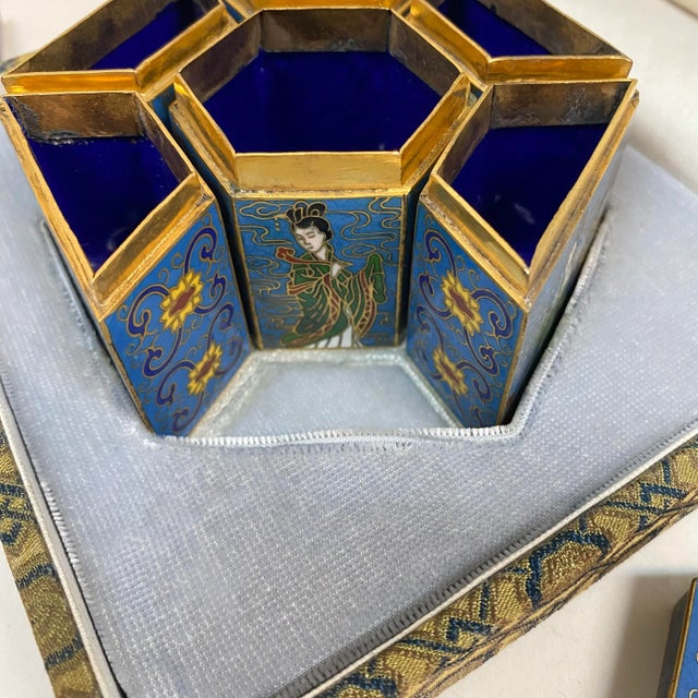 Chinese Peking Seven Hexagonal Cloisonné Enameled Trinket Boxes in Original Fabric Box For Sale - Image 3 of 12