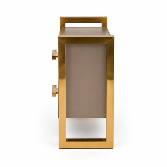Not Yet Made - Made To Order Taupe Glass Two-Drawer Nightstands with Architectural Brass Frames from Justfurnituress SRL, Set of 2 For Sale - Image 5 of 10