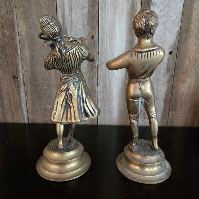 Metal Cast Brass Bronze Musicians Playing Violin / Flute Pair Vintage Patina For Sale - Image 7 of 12