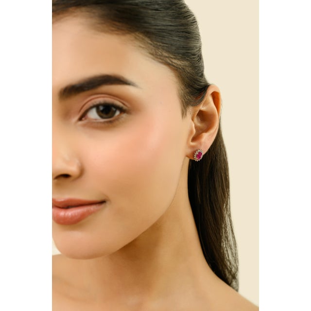 Not Yet Made - Made To Order Natural 1.45 Carat Ruby Solitaire Halo Diamond Stud Earrings in 18k Solid Gold- 2 Pieces For Sale - Image 5 of 11