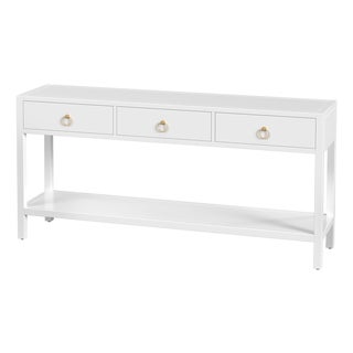 Lark 65 in. W Rectangular Wood 3 Drawer Console Table with Lower Open Shelf, White For Sale