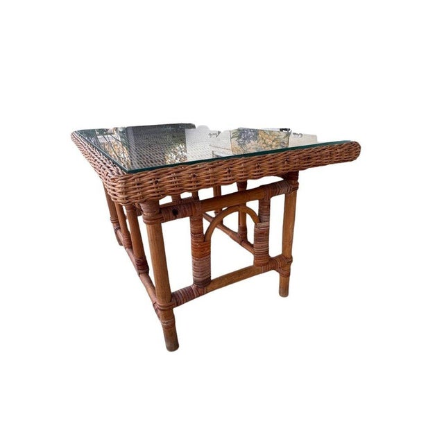 Vintage MCM Wicker Rattan Coffee Table With Glass Top For Sale - Image 11 of 11
