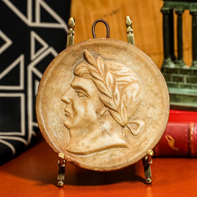 Marble Roman Emperor Neoclassical Antique Grand Tour Italian Plaque Medallion Sculpture For Sale - Image 11 of 12