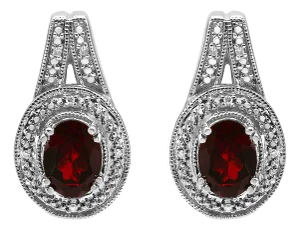 .925 Sterling Silver Diamond Accent and 8x6mm Red Oval Garnet Stud Earrings