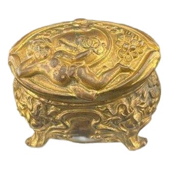 Antique Brass Cherub Jewelry Casket Footed Trinket Box Art Nouveau Figural Putti For Sale