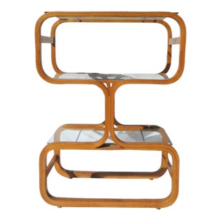 Vintage MCM Mid Century Plycraft Attributed Étagère Oak Glass Wood Shelving Unit Bookcase Display For Sale