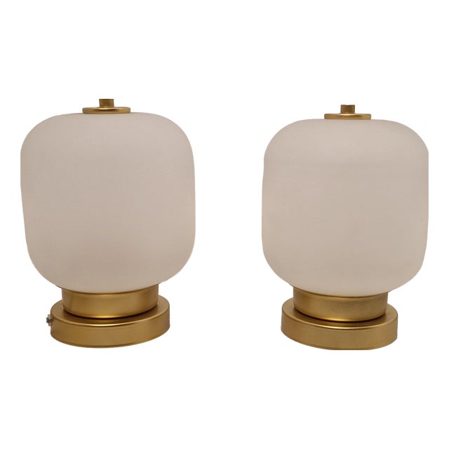 Table Lamps with Brass Base and Etched Glass, 1990s, Set of 2 For Sale