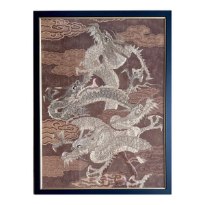 Late 19th Century Framed Japanese Embroidery Dragon Tapestry Meiji Period