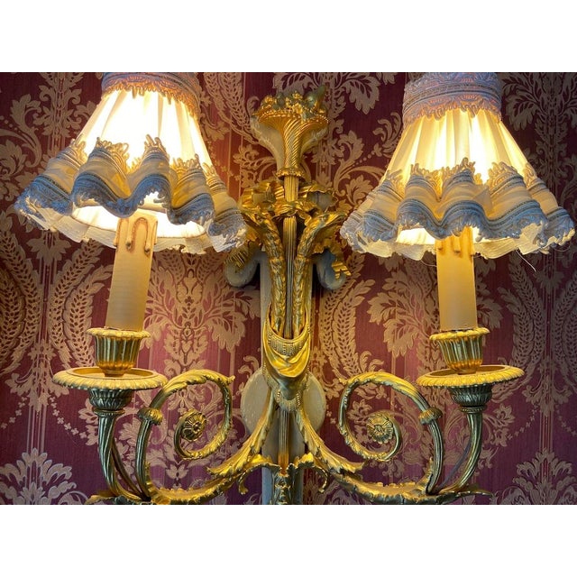 Mid 19th Century 1860 French Louis XVI Gold Bronze Silk Wall Lamps Sconces 2pc- Pair For Sale - Image 5 of 18