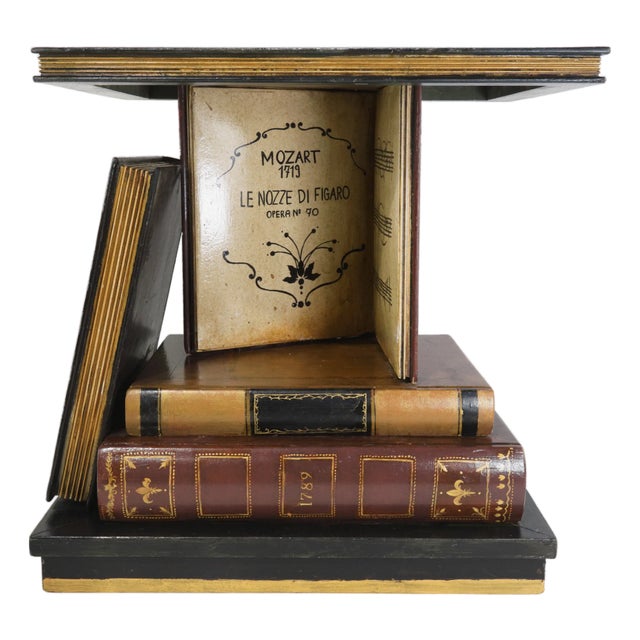 Vintage Stack of Books Side Table With Classical Opera Motif For Sale