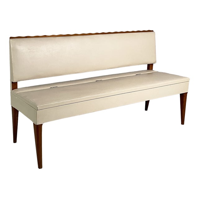 Art Deco Italian Bench in Wood and White Leather, 1940s For Sale