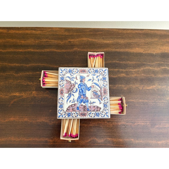 Delft Vintage Delft Tile Matchbox Holder With Hand-Painted Birdcage Scene For Sale - Image 4 of 12