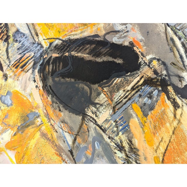 Modern yellow toned Abstract Expressionist painting by the French painter Joël Dabin. The work features a group of running...