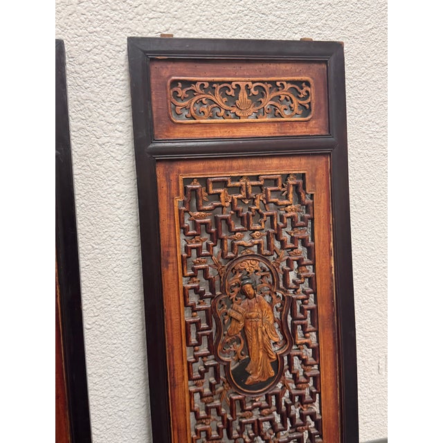 Brown Antique Chinese Carved Wood Window Panels, Pair For Sale - Image 8 of 12