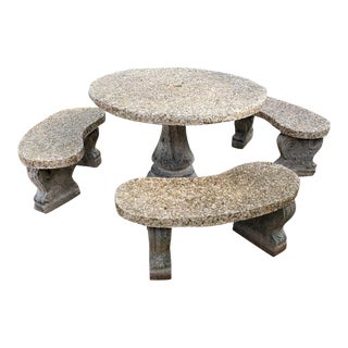 Vintage Pebbled Conrete Patio Table With 3 Benches For Sale