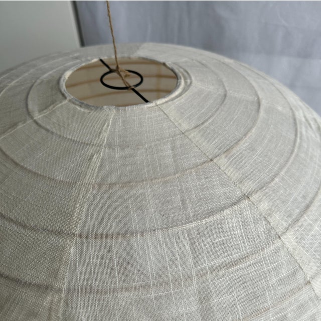 Textile Large Oval Flattened Pendant Light in Rattan and Natural Linen, 1980s For Sale - Image 7 of 9