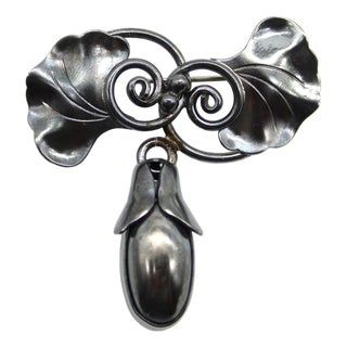 1940s Sterling Silver Georg Jenson Usa Gingko Leaf and Seedpod Brooch For Sale