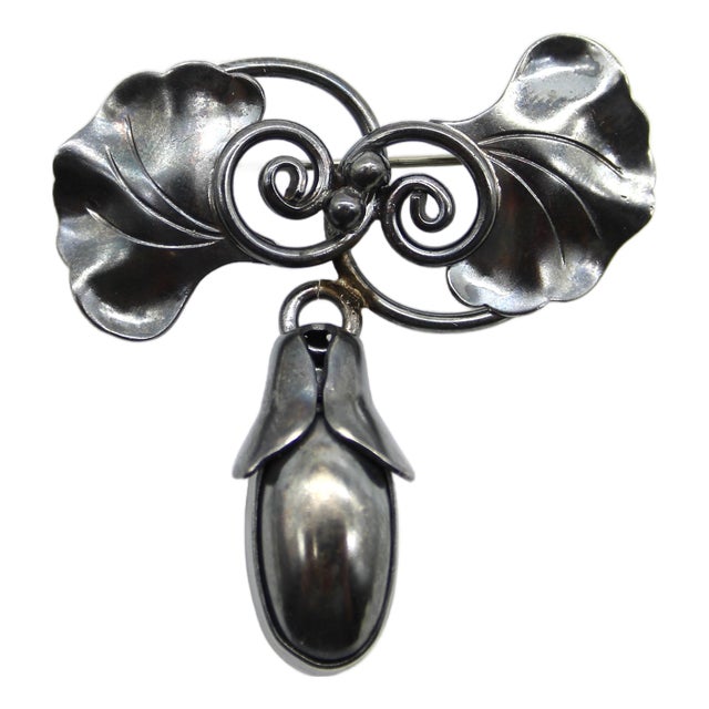 1940s Sterling Silver Georg Jenson Usa Gingko Leaf and Seedpod Brooch For Sale