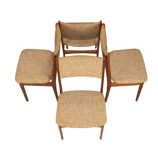 1970s Set of 4 Danish Modern Dining Chairs Teak Frame Tweed Upholstery Mid Century For Sale - Image 4 of 16
