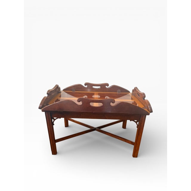 Traditional 1990s Thomasville Folding Butler’s Tray Coffee Table With Gallery Sides & Crossbanded Veneer Top For Sale - Image 3 of 14