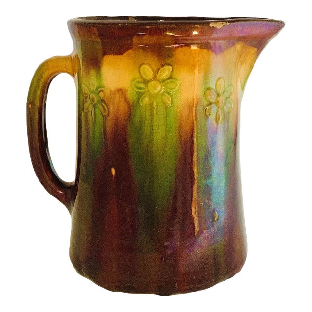 Antique Stoneware Majolica Pitcher With Botanical Motif For Sale
