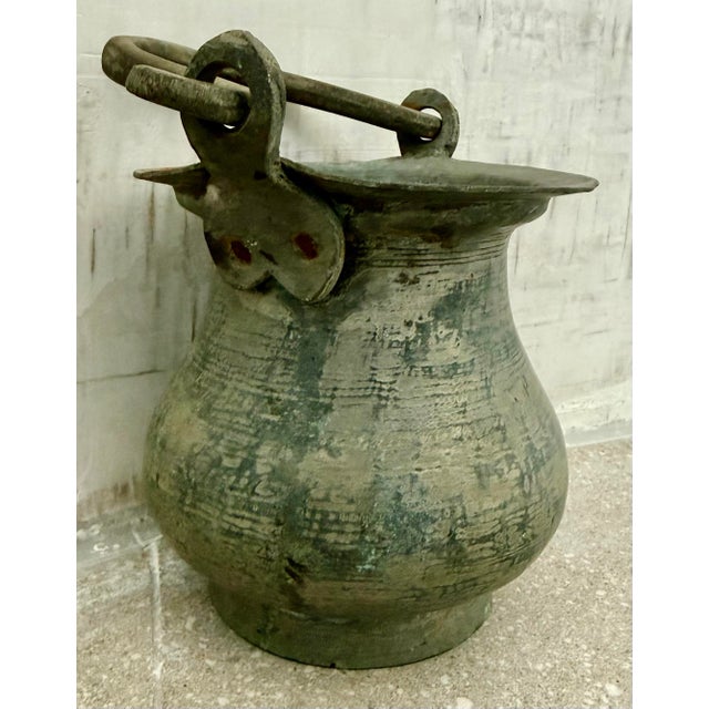 Rustic European Turkish, Middle Eastern Antique Hand Hammered Tinned Copper Cauldron, Kettle, Cooking Pot With Handle, From the Late 1800s to the Turn of the Century For Sale - Image 3 of 12