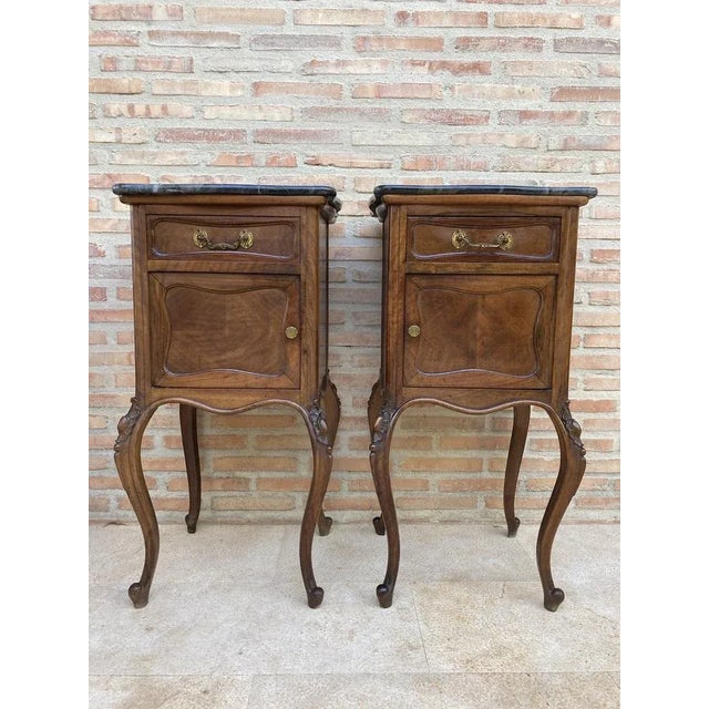 Brown Louis XV Style Walnut Nightstands with Marble Top, 1930s, Set of 2 For Sale - Image 8 of 13