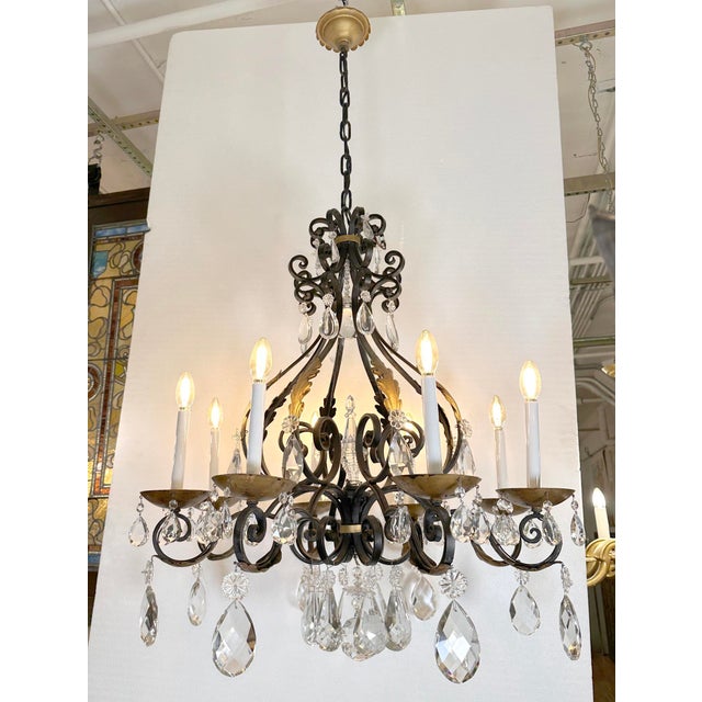 Spanish Revival Mid 20th Century Restored Spanish Revival Cast Iron & Crystal Chandelier For Sale - Image 3 of 9