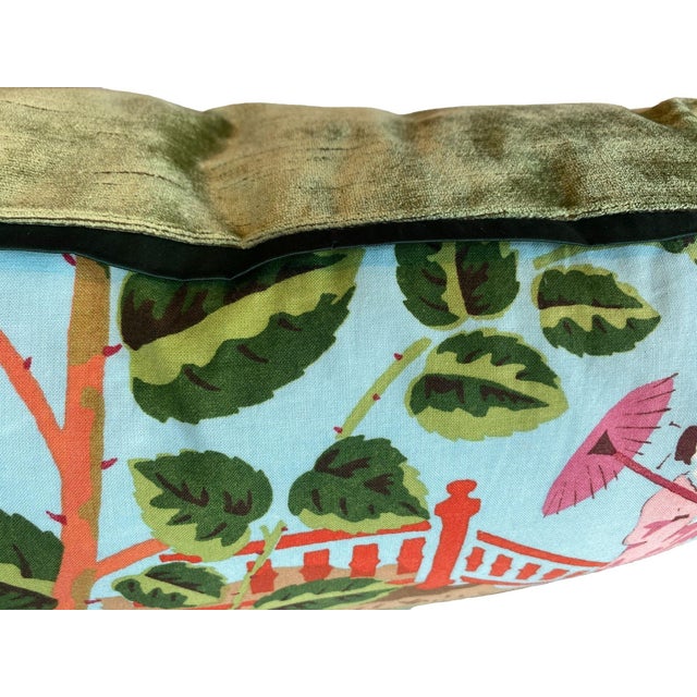 This custom pillow features a woman holding a parasol, surrounded by lush pink roses, leafy branches, and a bird perched...