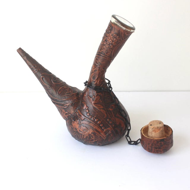 Vintage Spanish Tooled Leather Porron Wine or Liquor Decanter For Sale - Image 4 of 10