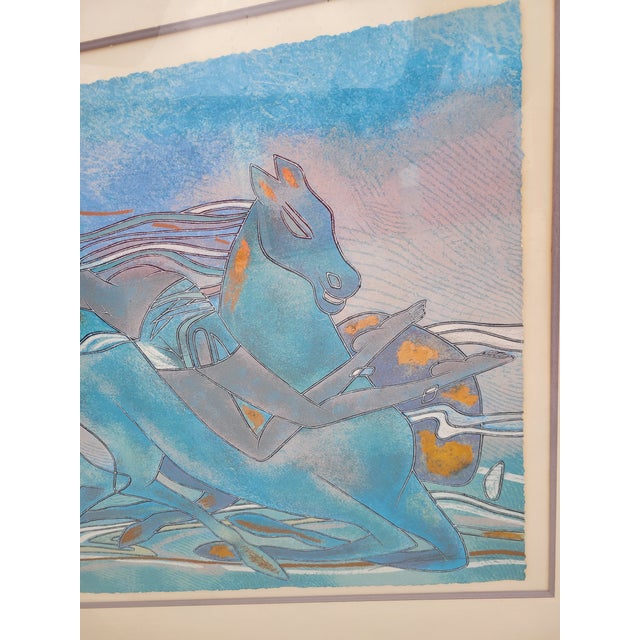 1990 Yamin Young Signed Limited Edition Serigraph Framed Blue Art Deco "Celadon Horses A" For Sale - Image 10 of 11