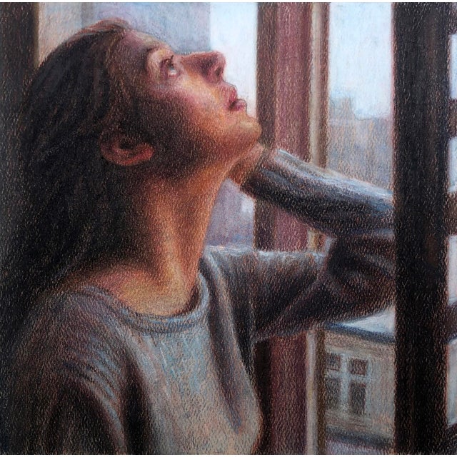 This pastel artwork captures a moment of introspection, as a figure gazes upward through a window, illuminated by soft,...