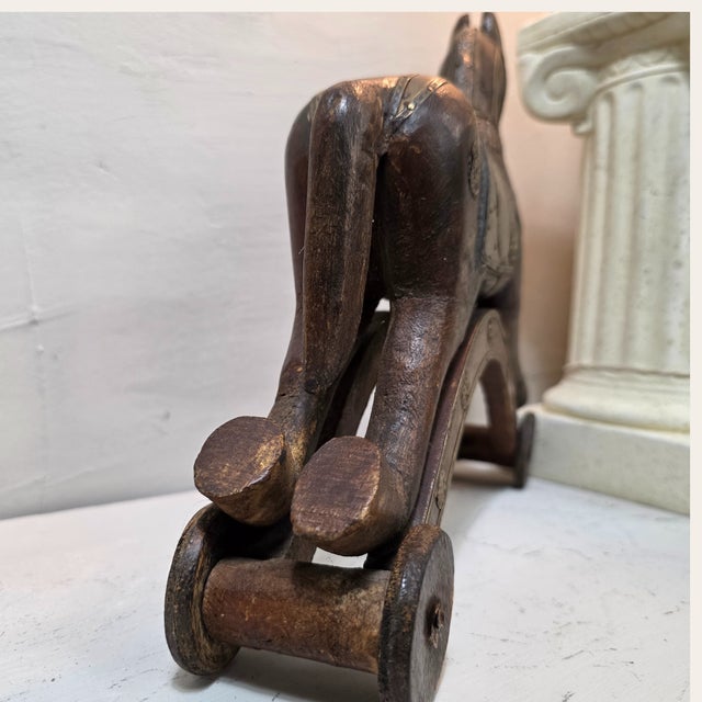 Turn-of-the-Century European Wooden Toy Horse on Wheels With Brass & Copper Inlay For Sale - Image 4 of 11
