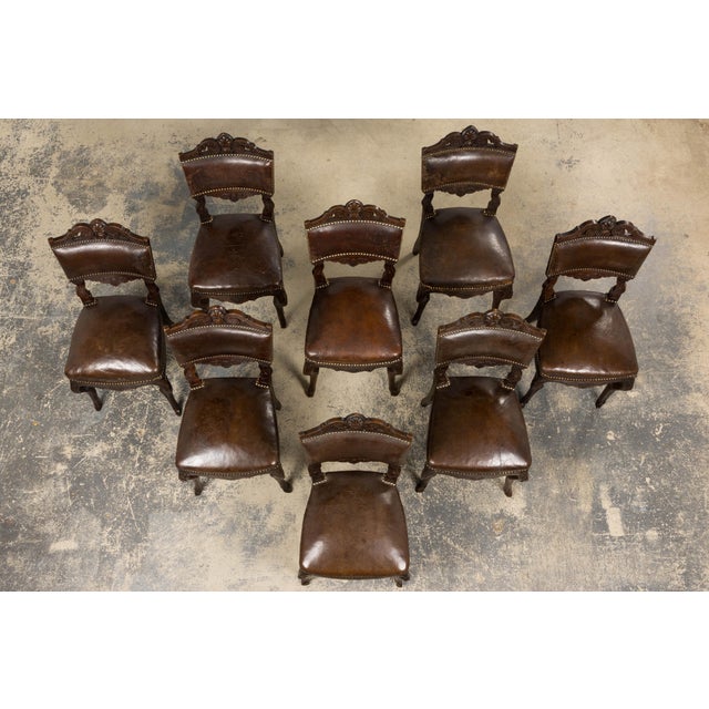 French Antique French Louis XV Style Oak Dining Chairs W/ Brown Leather - Set of 8 For Sale - Image 3 of 18