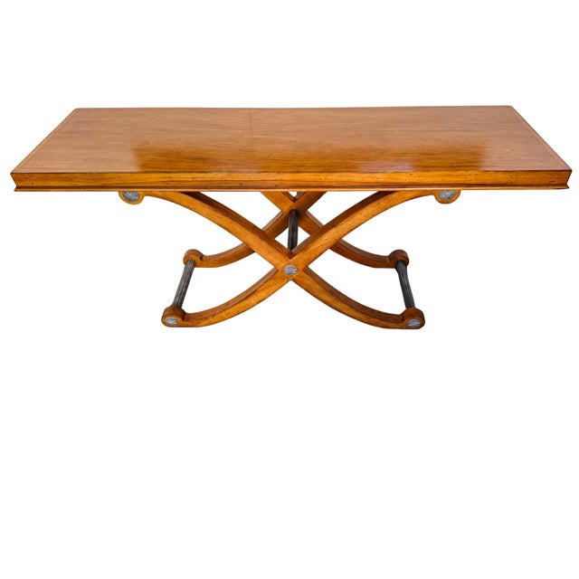 Campaign Vintage Large Neoclassical Curule Console Table With Fluted Pewter-Tone Accents For Sale - Image 3 of 14