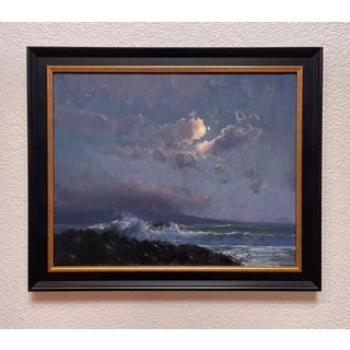 On the Beach at Night Alone... by Devin Michael Roberts | Oil on panel Night seascape with waves and clouds. For Sale