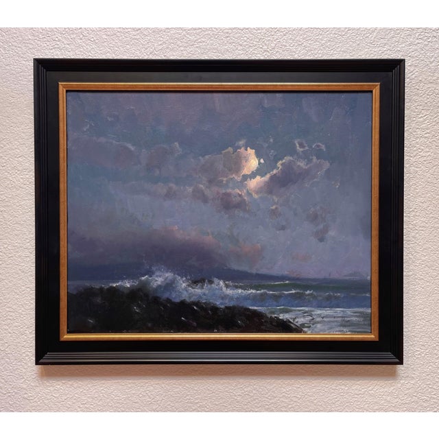 On the Beach at Night Alone... by Devin Michael Roberts | Oil on panel Night seascape with waves and clouds. For Sale