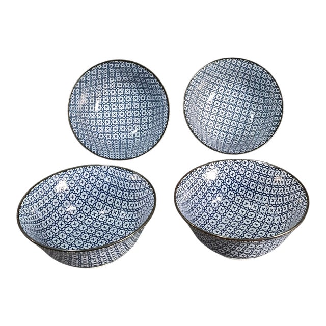 Late 20th Century Set of Four Blue and White Mosaic Pattern Japanese Soup Bowls Marked For Sale
