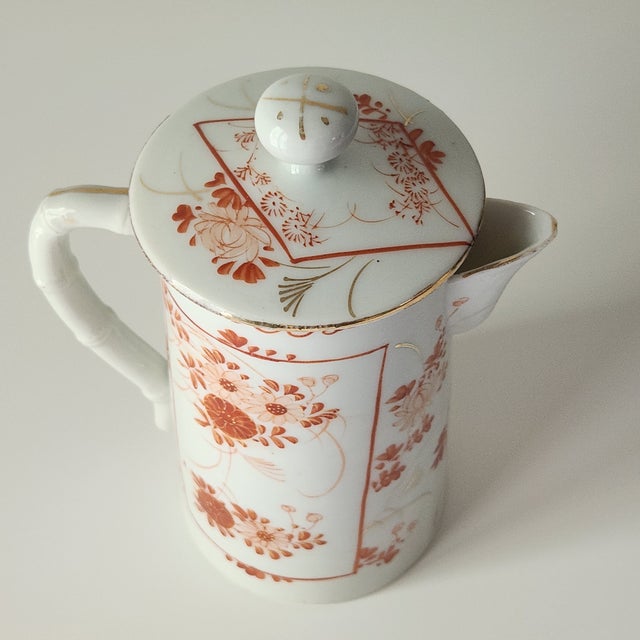 1920s Antique Japanese Chocolate Pot Red Orange Floral Design Gilded Bamboo Handle For Sale - Image 5 of 11