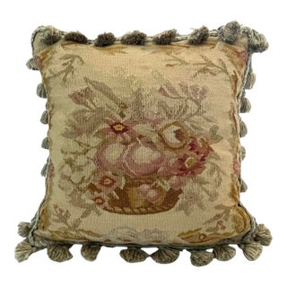 Antique Aubusson Pillow Floral Border Design Fringed Edge. Feather/Down Fill For Sale