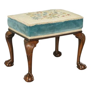 Victorian Claw and Ball Carved Ottoman with Floral Upholstery For Sale
