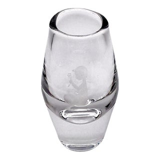 Vintage Swedish Glass Art Vase Etched Oŕrefors For Sale